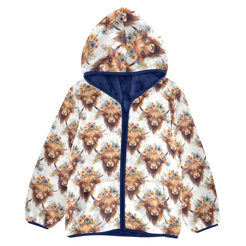 Cute Highland Cow Pattern Boys Fleece Coat,Children's Zip-Up Hoodie Jacket,Baby Warm Fashion Outerwear 3-10T,A113320