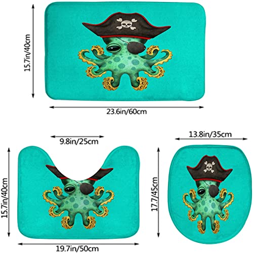 Badezimmerteppich-Set, 3-teilig, niedlicher grüner Baby-Oktopus-Pirat, waschbare Badeteppiche, rutschfest, mit Rückenpolster, Konturteppich und Toilettendeckelbezug – Bild 3