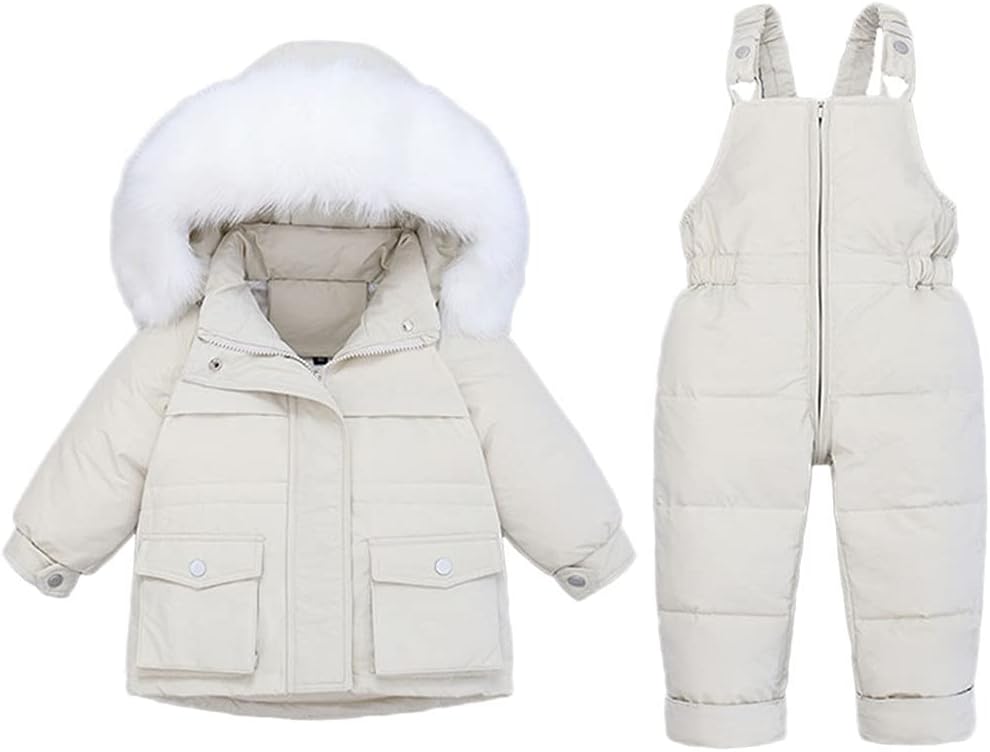 Baby Girls Two Piece Winter Warm Hooded Snowsuit Puffer Down Jacket with Snow Ski Bib Pants Outfits
