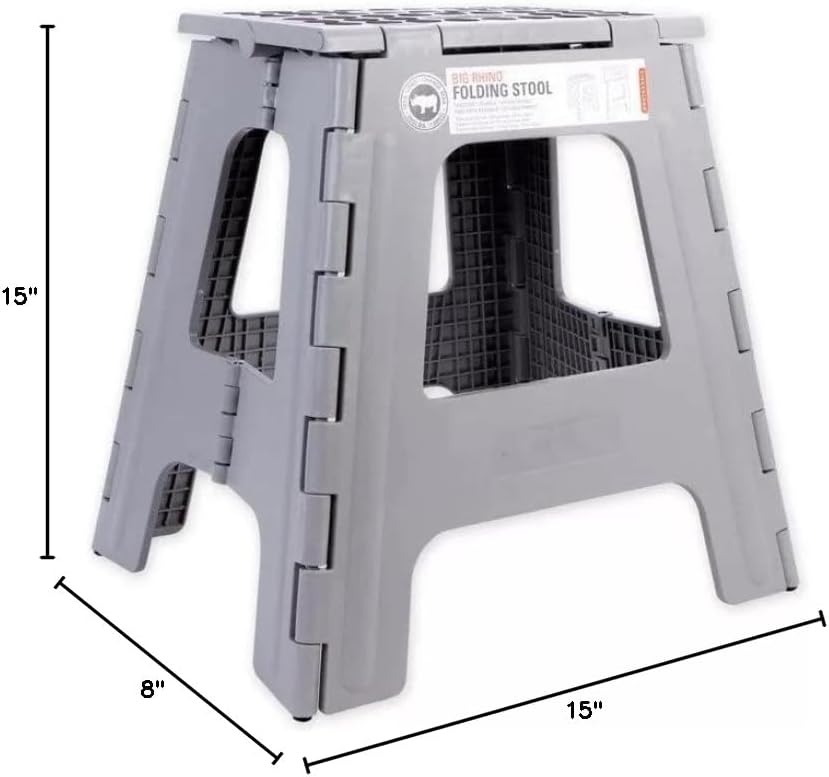 Kikkerland Foldable Sturdy Non- Slip Compact Lightweight Plastic Rhino II Step Stool, Grey, Holds up to 300 lbs, for Kitchen, Bathroom