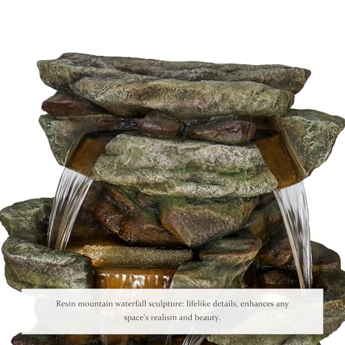 Image of SunJet 59 inch High Multi-Tiers Cascading Rock Outdoor Water Fountain with LED Lights - Large Outdoor Fountains and Waterfalls for Garden or Patio, Yard, and Deck Decor, Featuring Natural Stone Look