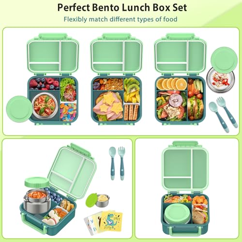 Image of Kids Bento Lunch Box with 9oz Soup Thermo Leakproof Lunch Food Containers 4 Compartment with Insulated Hot Food Jar for Kid Toddler Girls Boys to School, Trvael