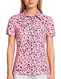 Funny World Womens Heart Leopard Pattern Golf Shirt Moisture Wicking Quick Dry Polo Shirts Valentines Day Gift, Heart Leopard, Medium