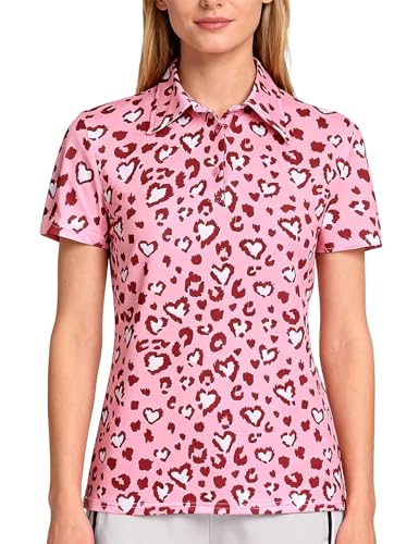 Funny World Womens Heart Leopard Pattern Golf Shirt Moisture Wicking Quick Dry Polo Shirts Valentines Day Gift, Heart Leopard, Medium