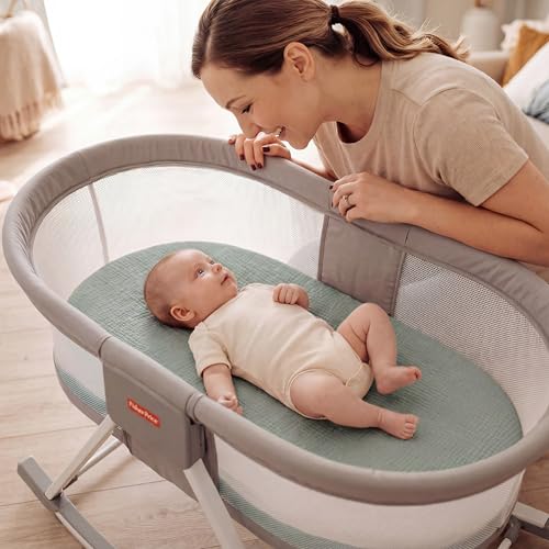 Image of Pro Goleem Muslin Bassinet Sheet for Boys and Girls, Soft Breathable Fitted Cotton Baby Sheets Set for Oval Hourglass and Rectangular Bassinet Mattress, Neutral, 2 Pack (Grey＆Green)