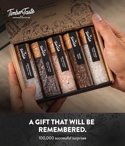 Image of TIMBER TASTE Premium Salt Sampler Set - 5 Gourmet Finishing Salts Smoky Gold Kala Namak Indian Pharao Pyramidensalz Namib Pearl | Sea Salt Mens Gifts Foodie Cooking Kit - Birthday Gift for Him