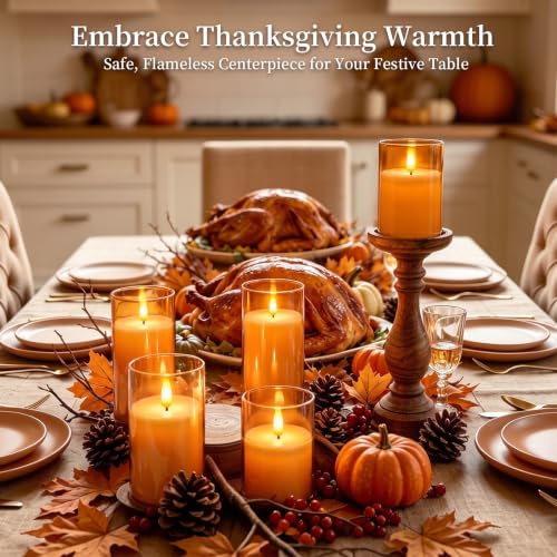 Image of Amagic Clear Glass Flameless Candles Battery Operated with Timer, Remote Control, LED Pillar Candles, Battery Powered for Halloween, Thanksgiving, Fall Home Decor, Orange, Set of 3