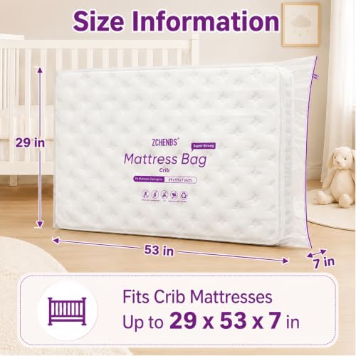 Image of ZCHENBS - Crib Mattress Bags for Moving, Waterproof Mattress Storage Bag with Zipper, Heavy-Duty 5 Mil Ultra-Thick Crib Bed Protector Bag Cover for Moving, Reusable (Transparent /Purple, 1 Pack)