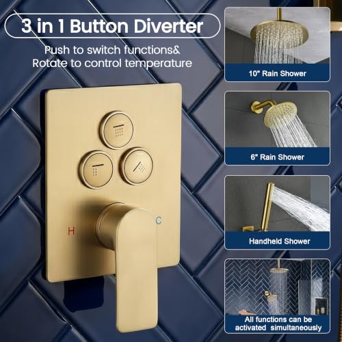 Juego de Ducha Rain Shower System, Set de Grifería en Oro Cepillado con Ducha de Mano 2 en 1, Cabezal de Ducha Doble de Lluvia, Montaje en Techo con Cabezal de Ducha de 10" y 6" de Pared, Diverter de Botón Pulsador miniatura 4