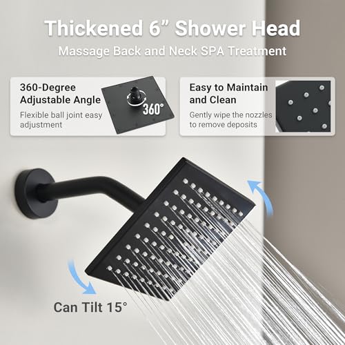 Sistema de duchas duales Dasan en negro mate con ducha de lluvia de 12 pulgadas para techo y ducha de alta presión de 6 pulgadas para pared, juego completo con ducha manual y grifo de 3 funciones miniatura 6