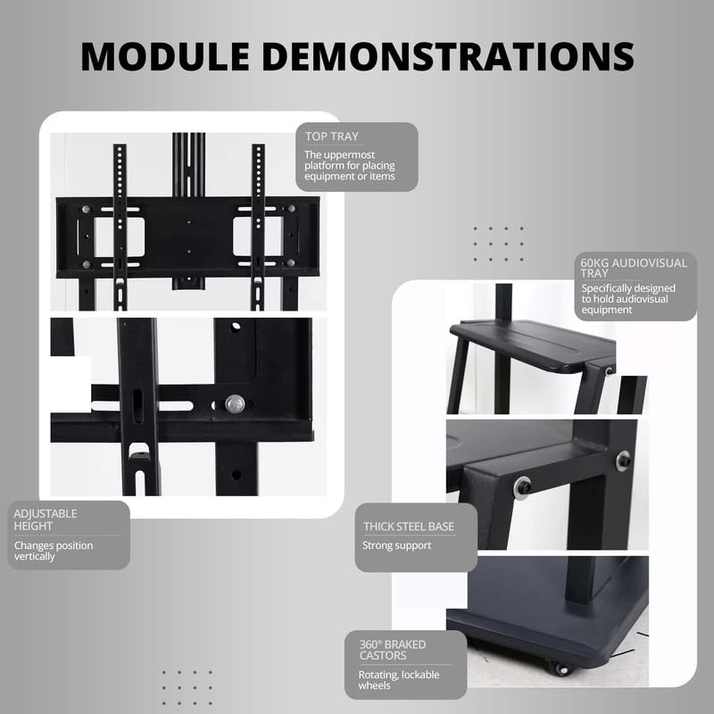 Image of Robustt TV Stand with Wheels | Fits 50-98 Inches TV | Heavy Duty Material | Tilt & Height Adjustable Rolling TV Stand | Movable TV Stand | Flexible Shelf | Cable Management - Pack of 5