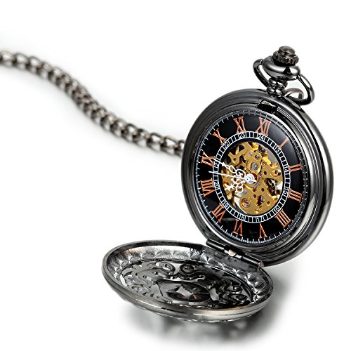 Image of JewelryWe Antique Mechanical Pocket Watch Retro Classic Mechanical Hand-Wind Pocket Watch Steampunk Fob Watch Pendant Watch with Chain, for Father's Day