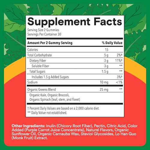 Image of SmartyPants Kids Fiber & Veggies: Prebiotic Fiber Gummies for Kids, Fiber Supplement with Inulin, Organic Green Veggie Blend, Vegan, Gluten Free, Mixed Berry Flavor, 60 Count (30 Day Supply)