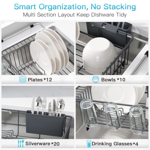Image of JASIWAY Gray Dish Drying Rack in Sink, Dish Drainer with Utensil Holder