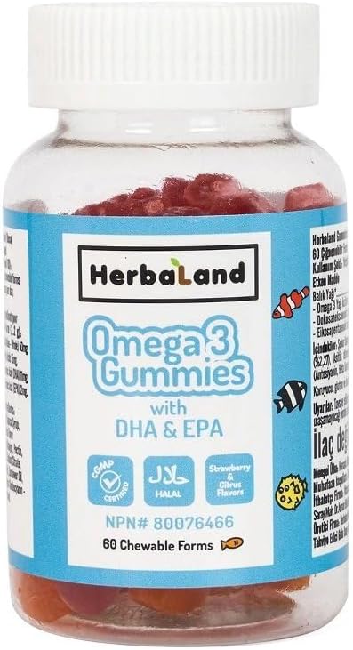 Herbaland Omega-3 Classic Gummies for Kids - Selected Fish Oils, Scombridae, Children's Vitamins, Toddler Supplements, Fatty Acids - 6.6 Grams, Strawberry & Orange Flavor, 60 Count