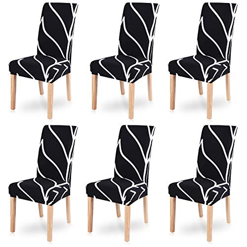 BETECK Fundas de Sillas de Comedor, Elasticas y Lavables para Proteger Silla Modern Bouquet de la Boda, Hotel, Decor Restaurante (Línea Negra, Pack de 6)