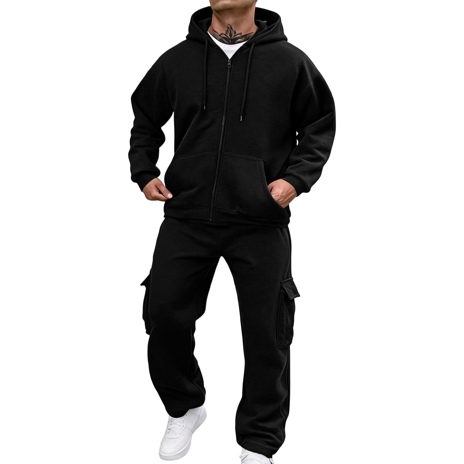 Mens Track Suit Full Zip 2 Piece Hoodie and Sweatpants Cargo Pockets
