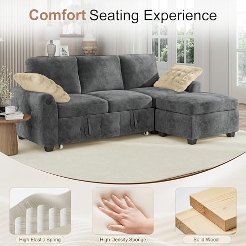 Image of Hanherry 81 inch Sectional Couch with Pull Out Sofa Bed,Chenille Sleeper Sofa with Storage Ottoman & USB Charging,Comfy L Shaped Modular Couches for Living Room,Apartment