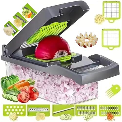 Vegetable Chopper,16-in-1 Multifunctional - Onion Chopper, Mandoline Slicer, Veggie chopper with Container, Cheese Grater, Dicer, Kitchen Gadgets Salad/Coleslaw/Meat/Nuts