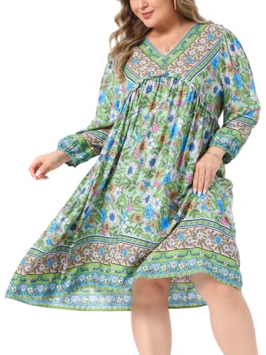 Image of Agnes Orinda Plus Size Summer Dress for Women Casual Boho Floral V Neck 3 /4 Sleeve Midi Short Beach Dress
