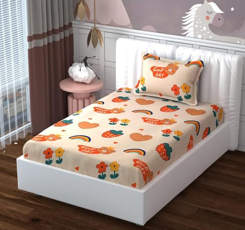 Image of Room Single Bedsheet with 1 Pillow Cover, Single Bed, Printed- 60 x 90 Inches (Peach)