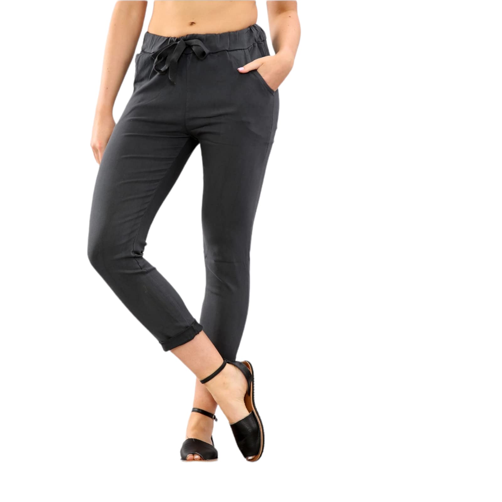 Alam Exclusive Women's Grey Stretch Plain Magic Comfy Lagenlook Trousers Joggers Jeggings Pants Italian (Grey)
