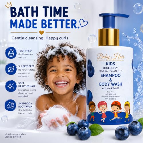 Image of BABY HAIR Kids Toddler Blueberry Mineral Shampoo & Body Wash | Sulfate-Free Tearless Hair & Body Cleanser | Aloe Vera & Blueberry Extract | Gentle Daily Care | 10 fl oz