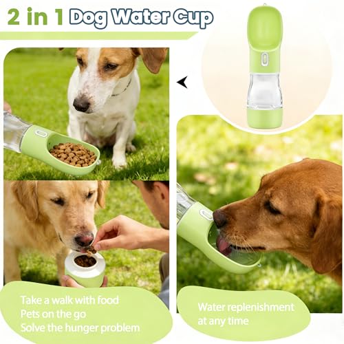 Image of Portable Dog Water Bottle - 2in1 Dog Water Dispenser Bowl & Food Container | Dishwasher Safe Leak Proof Dogs Water Bottle Bowl for Pet Cat Puppy Outdoor Walking Hiking Travel - Green