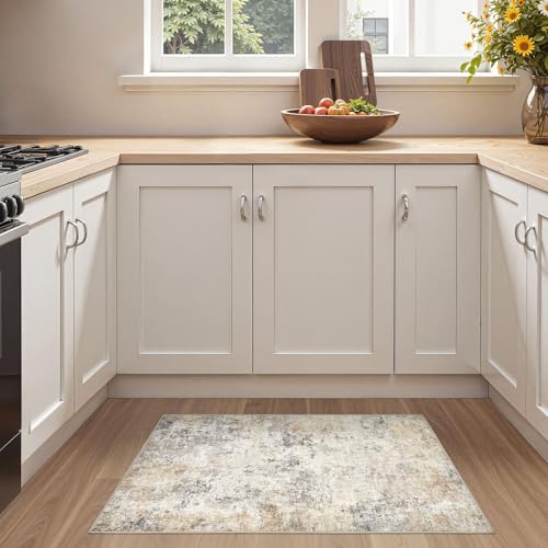 2x3 Entryway Area Rug: Washable Neutral Modern Abstract Small Rug - Non-Slip Low Pile Throw Indoor Carpet for Entrance Kitchen Front Door Mat Bathroom Entry Kids Room - Golden Grey
