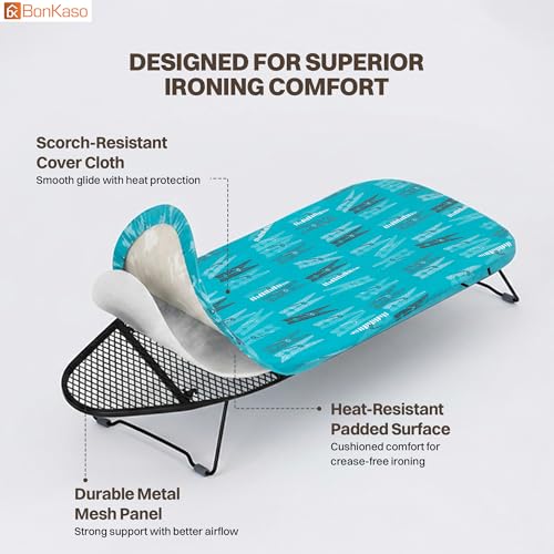 Image of BonKaso Tabletop Ironing Board | Compact Foldable Ironing Table, Lightweight Portable Mini Iron Board with Padded Non-Stick Surface for Home, Dorm, and Travel | Blue