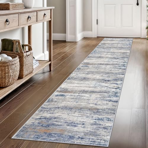 KOZYFLY Modern Abstract Washable Rug Runner 2x8 Hallway Runner Rug Non-Slip Soft Kitchen Runner Rugs, Print Distressed Grey-Blue Striped Carpet Runner for Entryway Bathroom Laundry Room Foyer