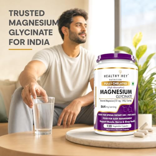 Image of HealthyHey Nutrition Magnesium Glycinate 14% Fully Chelated Supplement High Absorption for Sleep, Cramps, & Nerves Health - 120 Vegetable Capsules