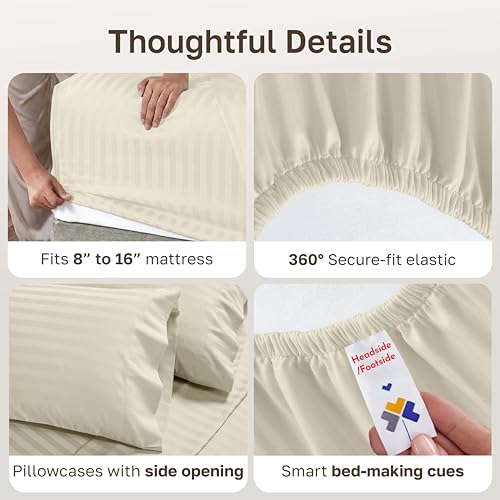 Image of California Design Den 500TC 100% Cotton Full Bed Sheets Set, Ivory Stripe | Good Housekeeping Seal, OEKO-TEX Certified, Silky-Soft Sateen Weave, 4pc Set, 16 inch Deep Pockets, For Hot Sleepers, All-Season
