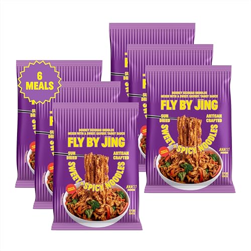 Image of FLYBYJING Sweet & Spicy Noodles - Sun-Dried Asian Instant Noodles with Sichuan Sweet & Spicy Zhong Sauce - Ready in 6 Minutes - Premium Non-Fried Vegan Noodle, 12g Protein, Non-GMO (Pack of 6)