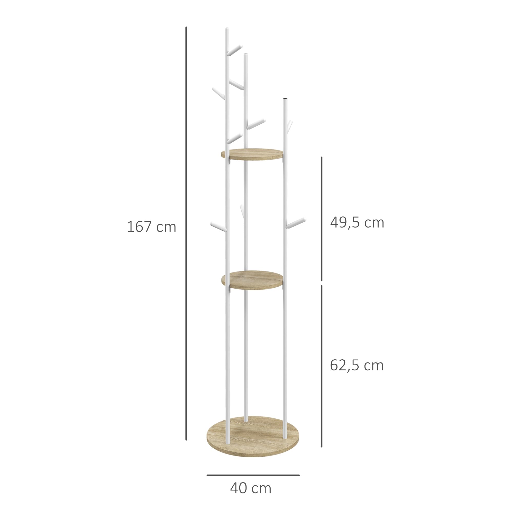HOMCOM Appendiabiti su piedistallo, armadio d'ingresso in acciaio con 9 ganci e 2 ripiani rotondi - Ø 40 x 167 cm, naturale e bianco