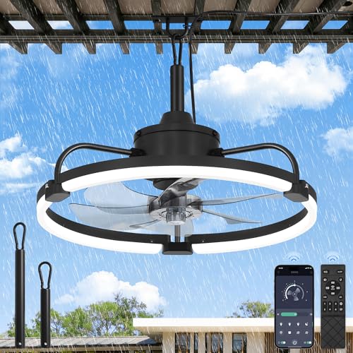 LEDIARY 20' Outdoor Ceiling Fan with Lights, IP65 Waterproof Gazebo Fan with Hanging Hook, Plug-in Ceiling Fan Remote&APP Control, 3CCT Dimmable, 6-Speeds, Caged Ceiling Fan for Gazebo,Patio,Pergola