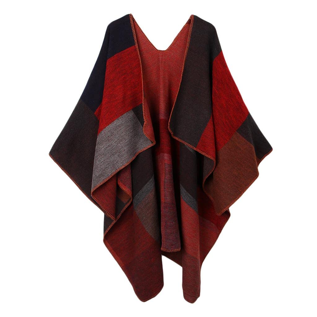 Women's Plaid Color Block Shawl Wrap Open Front Poncho Cape Cardigan Red Clothing Shoes & Accessories | Womens Clothing | Sweaters-image-8