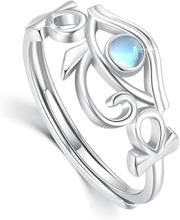 Eye of Horus Ring 925 Sterling Silver Adjustable Egyptian Eye of Horus Ring with Moonstone Turquoise open Ring Egyptian Jewelry Gift for Women Girl Teens