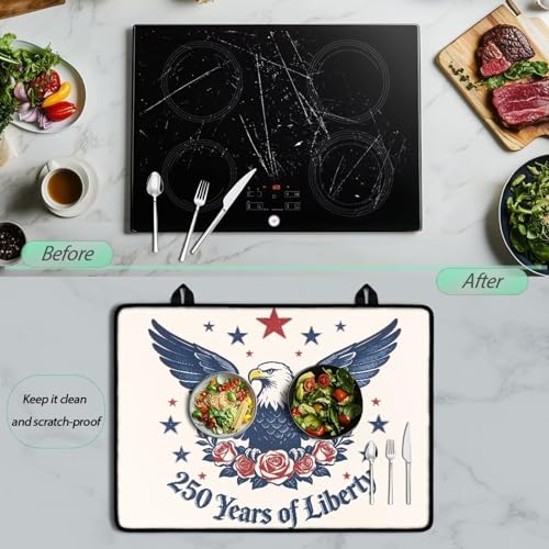 Image of Poceacles USA Theme Stove Top Cover Glass Stove Top Cover Heat Resistant Oil Resistant Cooktop Protector Stovetop Mats for Patriotic Kitchen Decor, Eagle Rose 250 Years Print Beige
