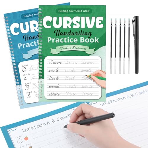 Gilprop 2 Pack Grooved Cursive Handwriting Kit Reusable Copybook for Kids Large Grooved Handwriting Practice Book with Special Ink Pens for Kids Learning Activities Supplies(Green,Classic)