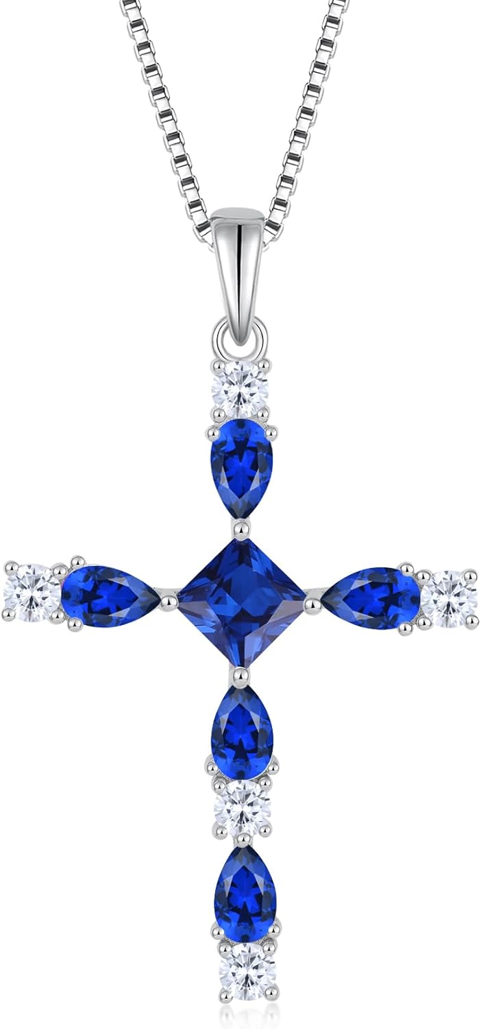 Women's Cross Necklace 925 Sterling Silver with 5A Cubic Zirconia Birthstone Pendant for Mom Wife Girlfriend