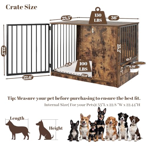 Dog Crate Furniture with Cushion for Large Dogs, 36" Indoor Wooden Dog Kennel with 270° Swivel Door, 360° Rotating Feeder, Decorative Heavy Duty Dog House with Double Locks & Bowls, Rustic Brown - Image 3