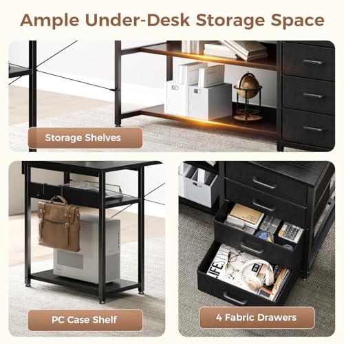 Image of AODK 69 inch L Shaped Computer Desk with 4 Drawers, LED Lights, Black