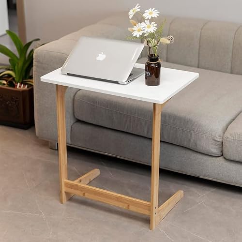 Forevich Bamboo Modern Tv Trays Table For Eating, Wood Couch Table End Snack Desk Sofa Side Table L Shaped White #TOP1