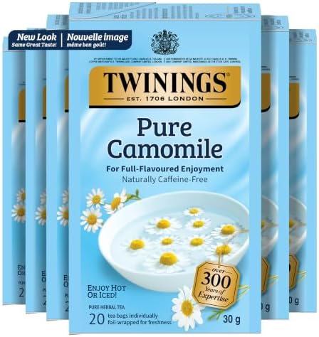 Twinings Herbal Camomile Individually Wrapped Teabags, Naturally Caffeine-Free, Made with 100% Pure Camomile Blossoms, 20 Count (Pack of 6), Enjoy Hot or Iced