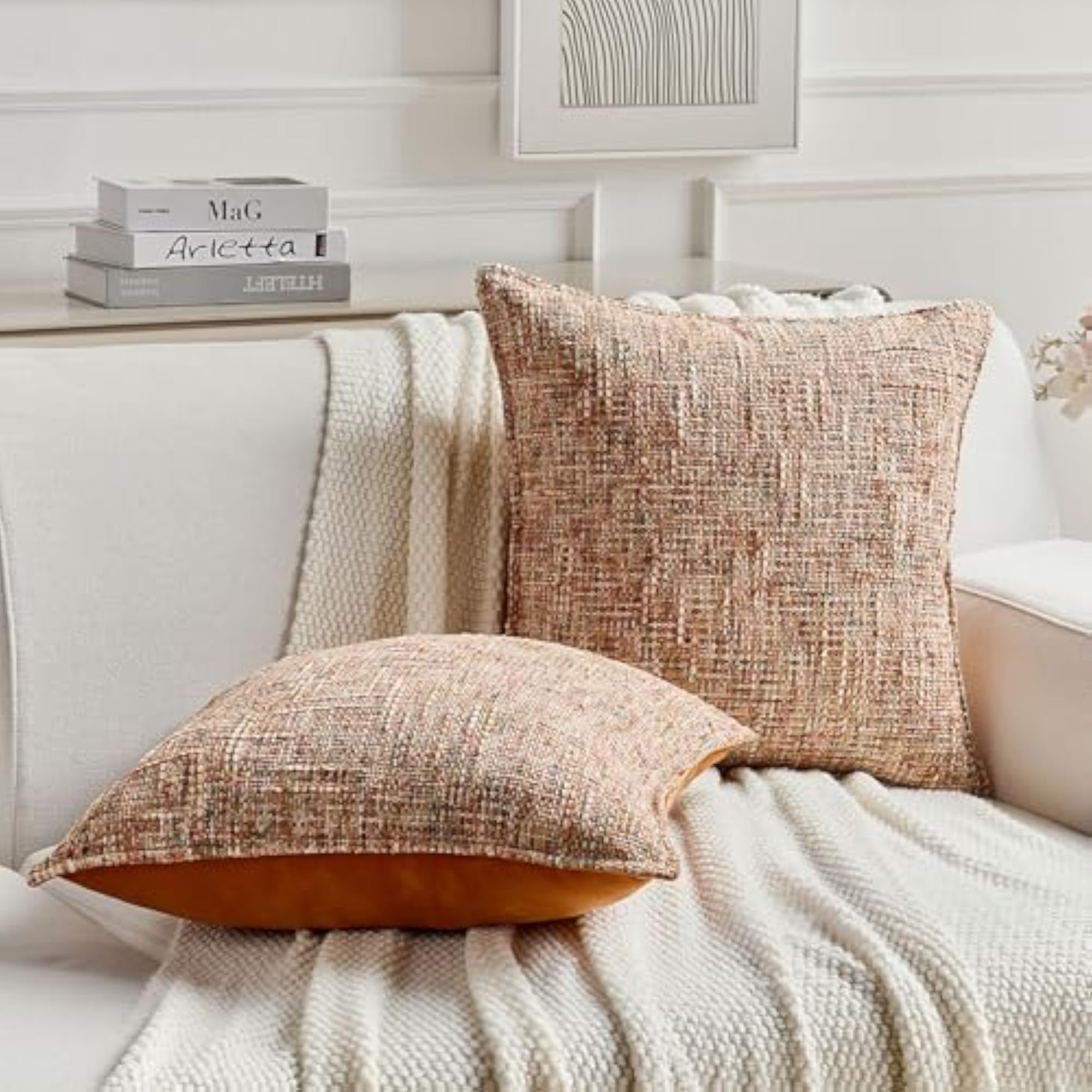 Pack of 2 Tweed Chenille Throw Pillow Covers, Rust