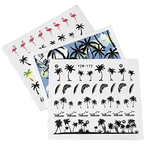 3 Pcs Summer Style Coconut Trees Beach Shoes Nail Water Decals Transfer Stickers Black Feather Leaves Nail Art Stickers Tattoo Decal #TOP5