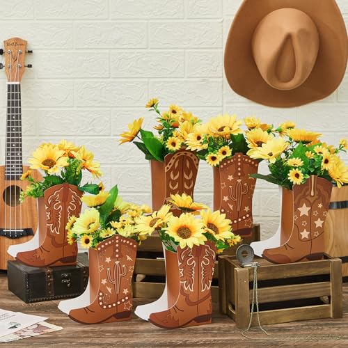 Image of 12 Set Western Cowboy Boots Flower Boxes Centerpiece Boot Shape Gift Boxes Party Decoration Vase Centerpieces for Tables for Rodeo Birthday Baby Shower Wedding Supplies