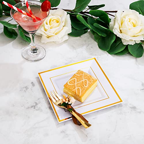 Wdf 200Pcs Gold Plastic Dessert Plates With Plastic Forks -6” 100 Square Disposable Appetizer Plates Small Plates Cake Plates With Gold Rim&100 Gold Small Appetizer Forks For Thanksgiving #TOP3