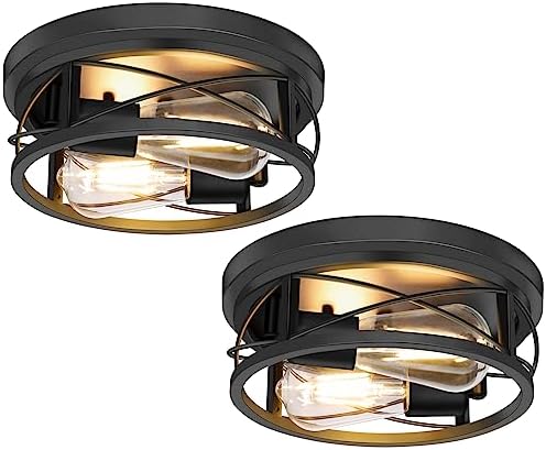 Baocuz 2-Light Flush Mount Ceiling Light Fixture, Farmhouse Light Fixtures Ceiling Mount for Hallway, Metal Cage Black Ceiling Lighting Lamp for Kitchen, Living Room, Entryway (2 Pack)